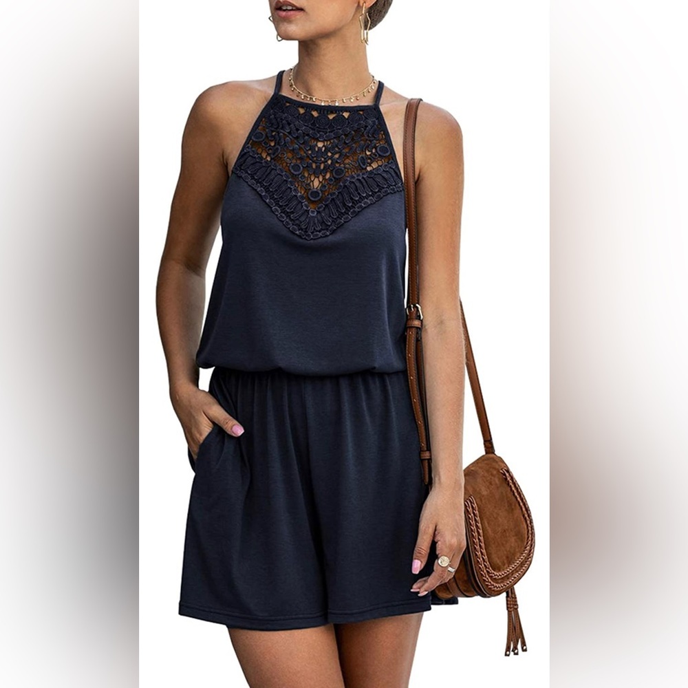 Summer Women’s Lace Patchwork Romper Halter Neck Short Solid Sleeveless